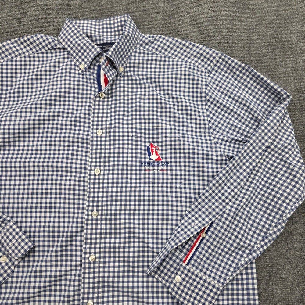 Vineyard Vines Mens America Cup Bermuda 2017 Murray Shirt Blue Gingham Large
